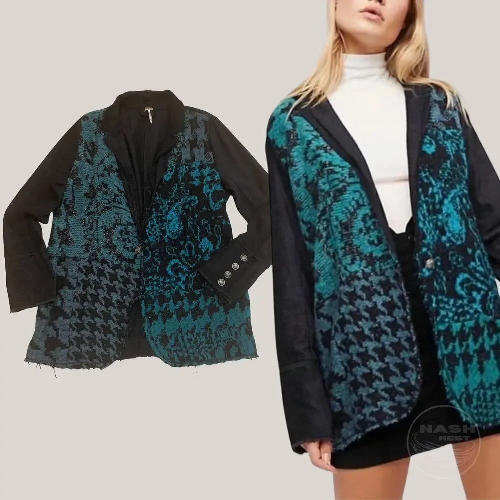 Free People Better Together Blazer M | Mixed Knit Jacquard Open Front, Oversized